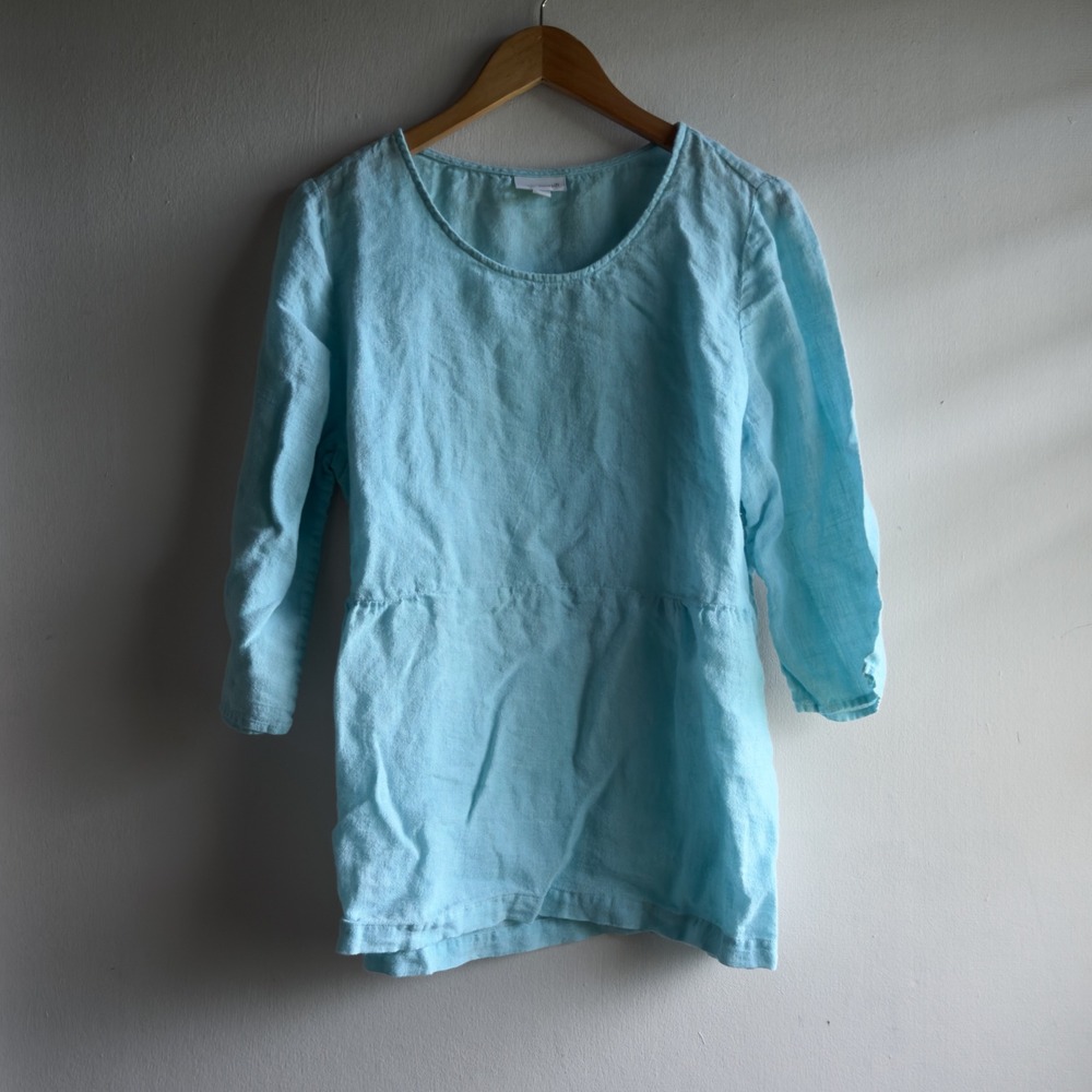 Pure Jill Linen Empire Waist Tunic Top Women L Aqua Blue Coastal Minimalist